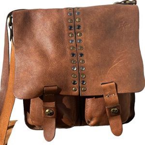 Patricia Nash Studded Messenger Flap Tan Leather Crossbody Bag